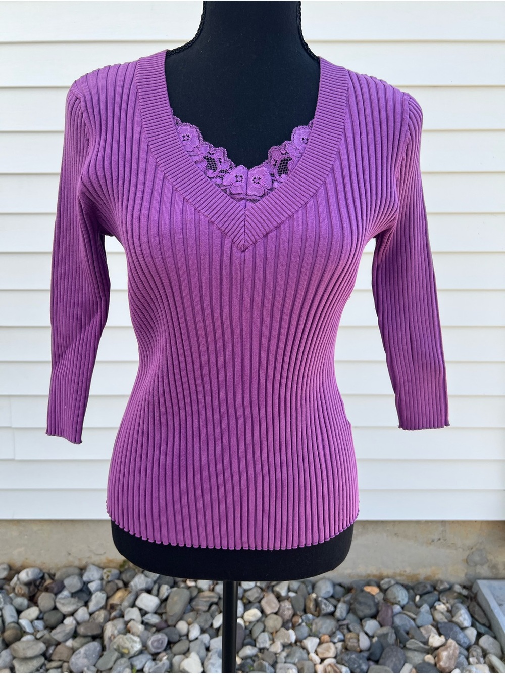 August Silk Purple Ribbed V-Neck Sweater with Lace Trim